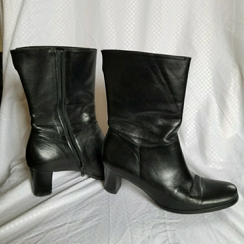 Black leather mid calf zip up boots